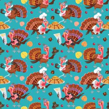 Dikişsiz desen çizgi film Şükran Türkiye karakteri hasat, yaprakları, meşe palamutları, Mısır, kumaş Tekstil veya kaydırma için sonbahar tatil kuş vektör çizim arka plan ile şapkalı