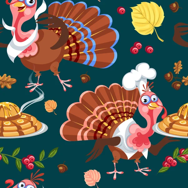 Patrón sin costuras de dibujos animados de acción de gracias personaje de pavo en el sombrero con la cosecha, hojas, bellotas, maíz, otoño vacaciones aves vector ilustración fondo para la tela textil o envoltura — Archivo Imágenes Vectoriales