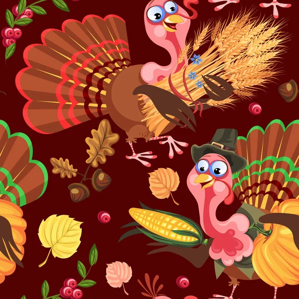 Бесшовный рисунок мультфильм благодарения персонаж индейки в шляпе с урожаем, листья, желуди, кукуруза, осенний праздник вектор иллюстрации птицы фон для ткани или обертывания — стоковый вектор