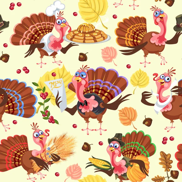 Patrón sin costuras de dibujos animados de acción de gracias personaje de pavo en el sombrero con la cosecha, hojas, bellotas, maíz, otoño vacaciones aves vector ilustración fondo para la tela textil o envoltura — Vector de stock