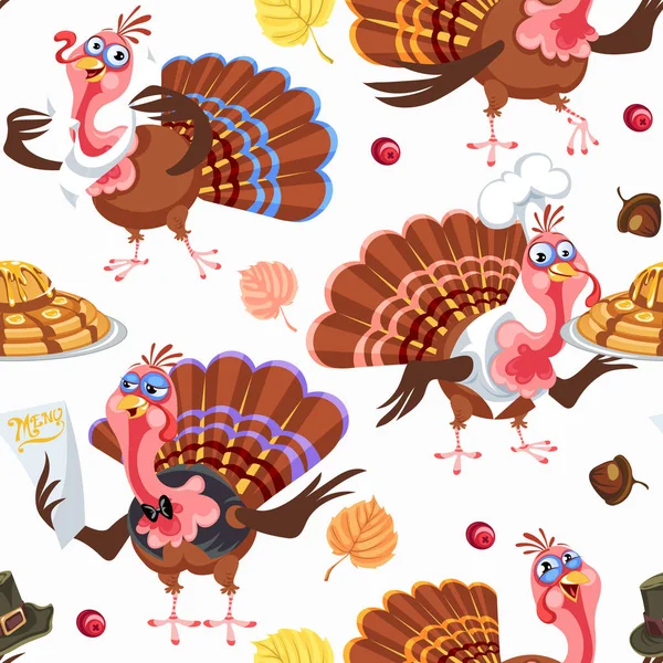 Patrón sin costuras de dibujos animados de acción de gracias personaje de pavo en el sombrero con la cosecha, hojas, bellotas, maíz, otoño vacaciones aves vector ilustración fondo para la tela textil o envoltura — Vector de stock