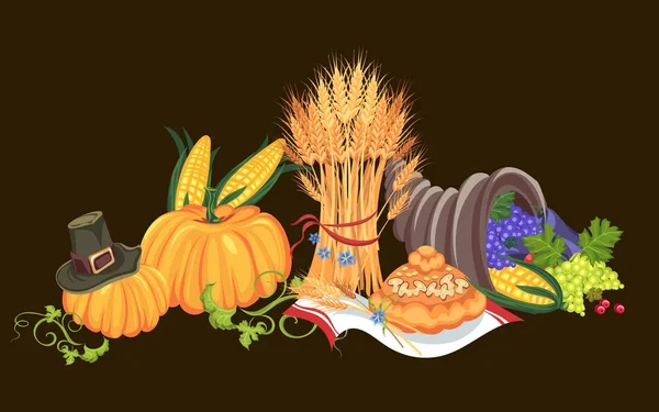 Høst økologiske fødevarer som frugt og grøntsager, glad taksigelse middagskort eller banner baggrund, høst druer vektor illustration – Stock-vektor