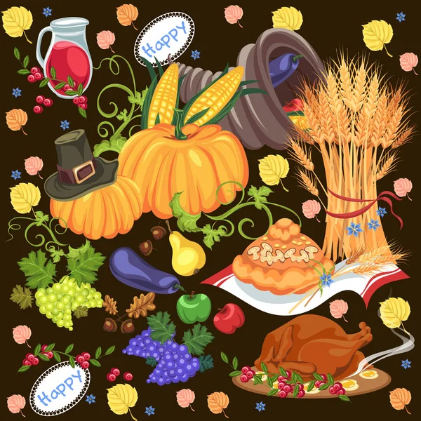 Oogst set, biologisch voedsel zoals groenten en fruit, happy thanksgiving diner achtergrond, vector illustratie oogsten met pompoen en stack van tarwe oren, cranberry bessen, trossen druiven — Stockvector