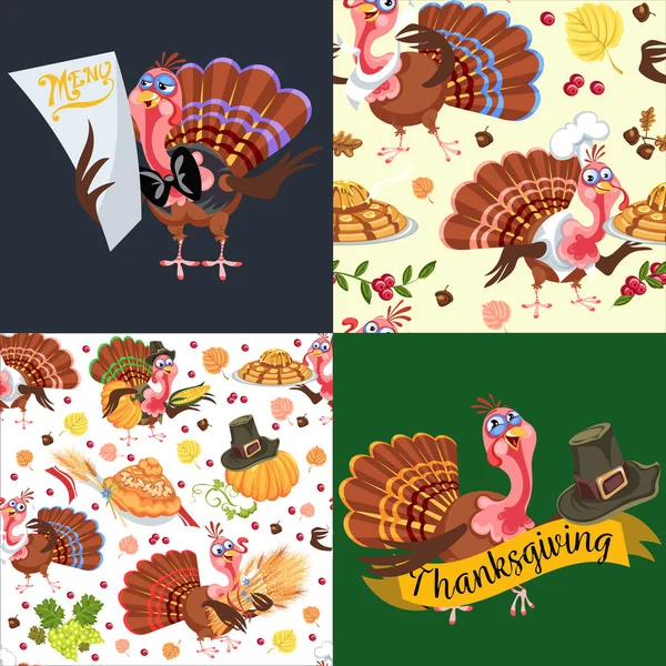 Oogst set, biologisch voedsel zoals groenten en fruit, happy thanksgiving diner achtergrond, vector illustratie oogsten met pompoen en stack van tarwe oren, cranberry bessen, trossen druiven — Stockvector