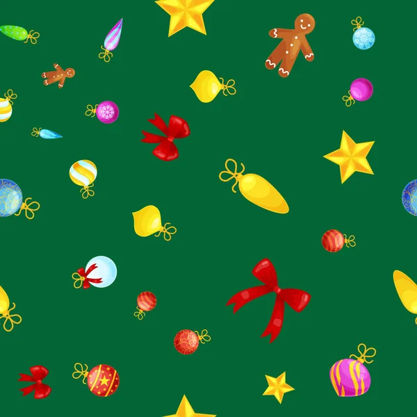 Рождественский бесшовный шаблон пряники человек печенье, звон колокольчиков чулок подарки, Xmas элементов украшения фона текстурные векторные украшения иллюстрация, зимний носок с конфетами и подарками — стоковый вектор