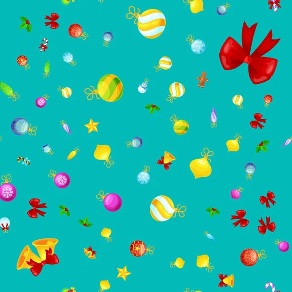 Рождественский бесшовный шаблон пряники человек печенье, звон колокольчиков чулок подарки, Xmas элементов украшения фона текстурные векторные украшения иллюстрация, зимний носок с конфетами и подарками — стоковый вектор