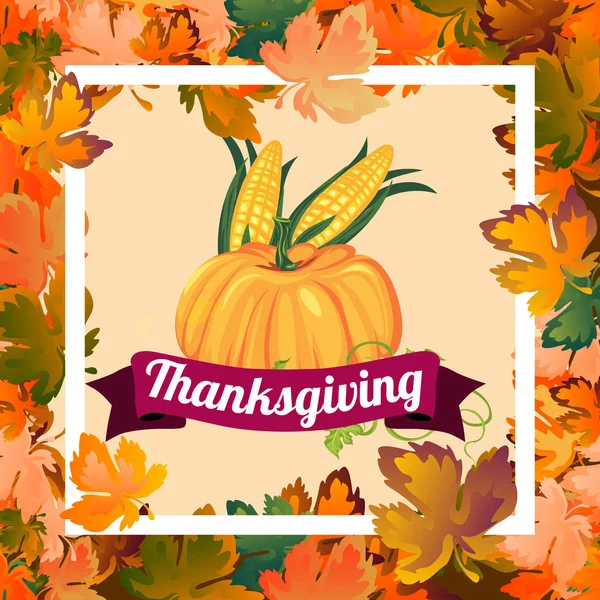 Pompoen met twee maïskolven in groene bladeren, herfst voedsel achtergrond vectorillustratie, groente oogsten, thanksgiving day producten — Stockvector