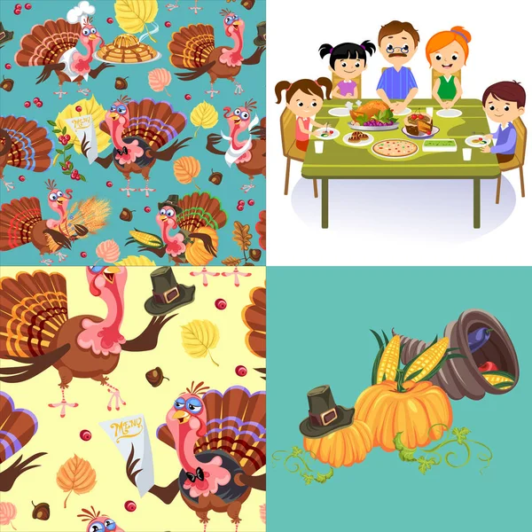 Harvest set, organic foods like fruit and vegetables, happy thanksgiving dinner background, vector illustration harvesting with pumpkin and stack of wheat ears, cranberry berries, bunches of grapes — Stock Vector