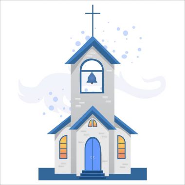 mutlu Noeller ve mutlu yeni yıl kartı, kilise ve kar, Hıristiyanlık ve Katolik kış şehir katedral vektör çizim, dini kutsal arka plan altında yeşil ağaç