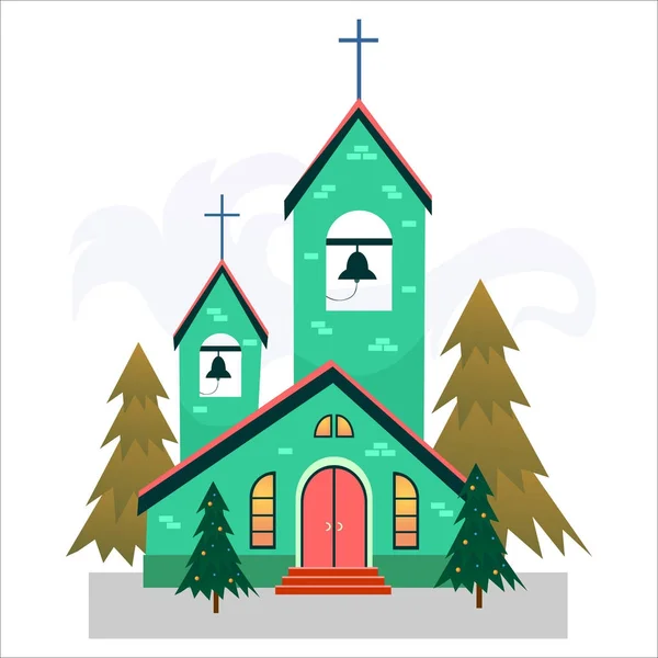 Glædelig jul og Godt Nytår kort, kirke og grønt træ under sne, kristendom og katolsk vinter by katedral vektor illustration, religiøs hellig baggrund – Stock-vektor