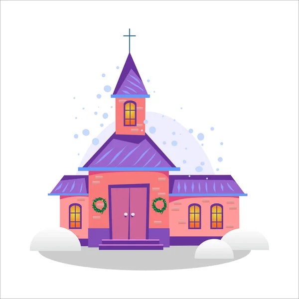 圣诞快乐新年贺卡, 教堂和绿树下雪, 基督教和天主教冬季城市大教堂矢量插图, 宗教圣洁背景 — 图库矢量图片