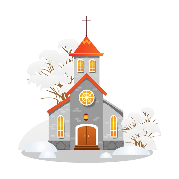 Prettige kerstdagen en gelukkig nieuwjaarskaart, kerk en groene boom onder de sneeuw, Christendom en katholieke winter stad kathedraal vectorillustratie, religieuze heilige achtergrond — Stockvector