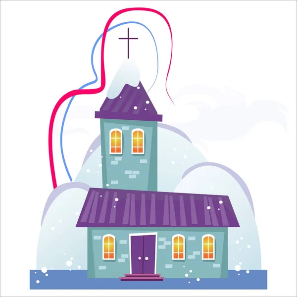 Glædelig jul og Godt Nytår kort, kirke og grønt træ under sne, kristendom og katolsk vinter by katedral vektor illustration, religiøs hellig baggrund – Stock-vektor