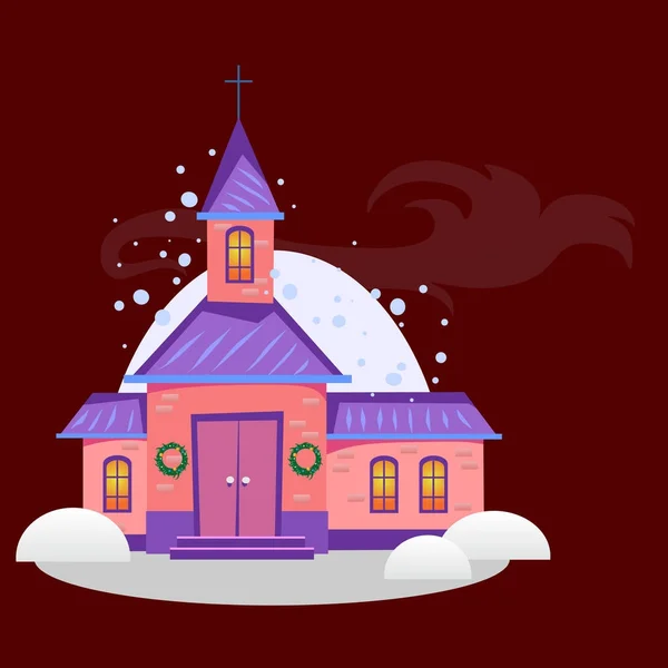 Wesołych Świąt i szczęśliwego nowego roku karty, Kościół i zielone drzewo pod śniegiem, chrześcijaństwo i katolickiej zimowe miasta Katedra wektor ilustracja, Święty religijny — Wektor stockowy