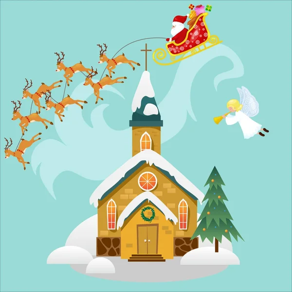 God jul och gott nytt år kort, kyrkan och gröna trädet under snö, kristendomen och katolska vintern katedralen vektorillustration, religiösa heliga bakgrund, jultomten rusar på rådjur släde — Stock vektor