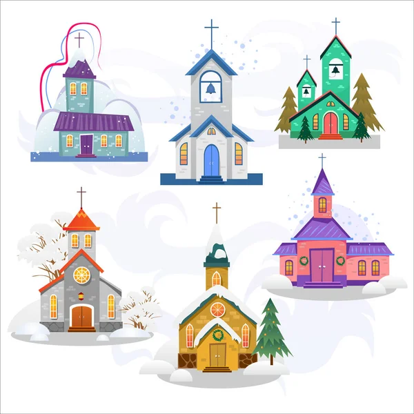 Veselé Vánoce a šťastný nový rok karta, církev a zelený strom pod sněhem, křesťanství a katolické zimní město katedrála vektorové ilustrace, náboženské svaté pozadí — Stockový vektor