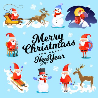 dilek, Kırmızı elbiseli adam Noel Baba'nın elinde bebek yapar ve çanta hediye arkasından sakal tırmanıyor baca, atlı kızak Ren geyiği koşum sürücü Noel ruh, neşeli kardan adam vektör çizim