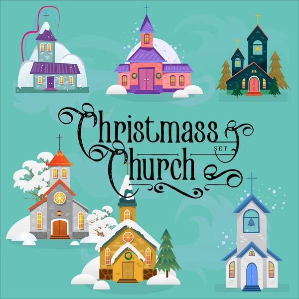 Merry christmas and happy new year card, church and green tree under snow, christianity and Catholic winter city cathedral vector illustration, religious holy background — Stock Vector