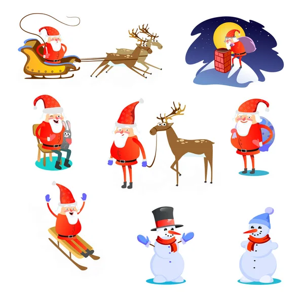 Bebé en manos de Santa Claus pide deseo, hombre en traje rojo y barba con bolsa de regalos detrás de él sube a la chimenea, trineo arnés de renos conducir el estado de ánimo de Navidad, alegre muñeco de nieve vector ilustración — Vector de stock