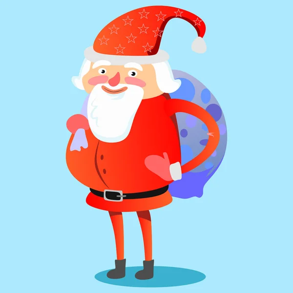 Santa Claus con una gran bolsa de regalos en la espalda felicita a todos con la Navidad y feliz año nuevo vector ilustración — Archivo Imágenes Vectoriales