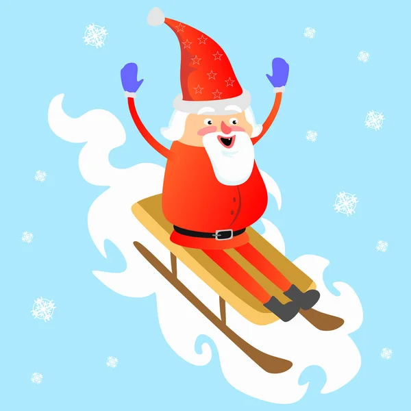 Weihnachtsmann in roter Mütze und Jacke, mit Bart auf weißem Schneeschlitten vom Berg herabrollend, Heirat von Weihnachten und frohem neuen Jahr Vektorillustration — Stockvektor