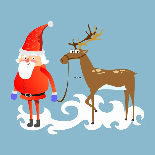 Santa Claus en sombrero rojo y chaqueta, con barba sosteniendo renos halper, casarse de Navidad y feliz año nuevo vector ilustración en la tarjeta de fondo azul — Vector de stock