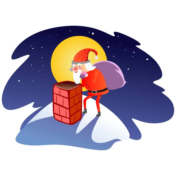 Hombre de Santa Claus en traje rojo y barba con bolsa de regalos detrás de él sube a la chimenea, casarse con la Navidad y feliz año nuevo vector ilustración en la tarjeta de fondo blanco — Archivo Imágenes Vectoriales