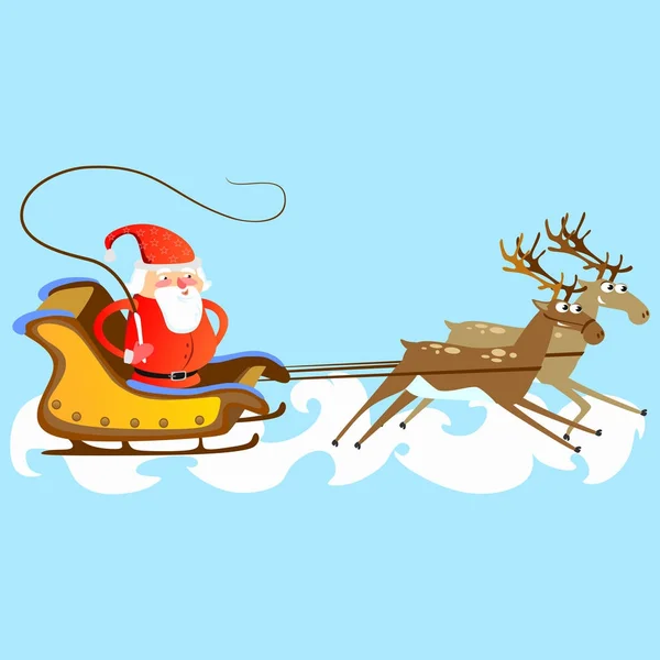Santa claus v červeném klobouku a bunda, s vousy spěchá na saních pronásleduje jeho soby, vzít si na Vánoce a šťastný nový rok vektorové ilustrace — Stockový vektor
