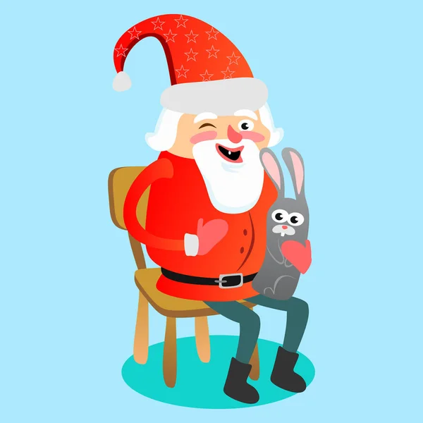 Санта-Клаус в красной шляпе с бородой сидит на стуле с зайцем в руке, который загадывает желание, волшебная фея с золотыми крыльями помогает и готовит подарки, женится на Рождество и счастливого нового года векторной иллюстрации — стоковый вектор