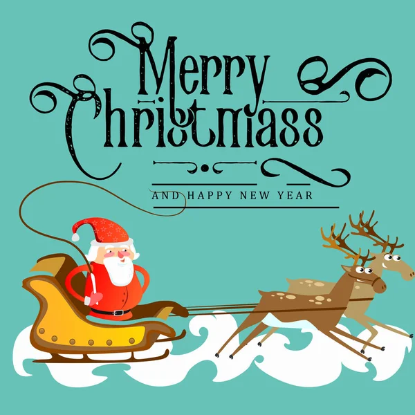 サンタ クロースの赤い帽子とジャケットで、ひげそりトナカイを追うに突入、クリスマスと幸福な新しい年のベクトル図の結婚 — ストックベクタ