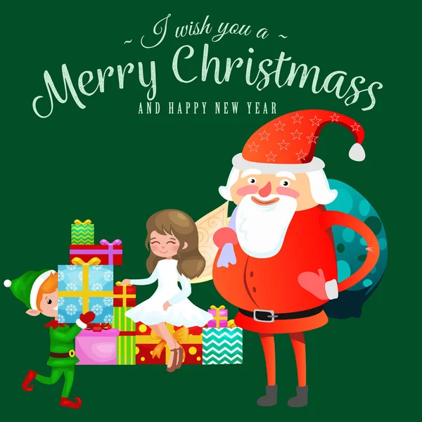 サンタ クロースのひげと赤い帽子の座ってうさぎと椅子に手になる希望は、黄金の翼を持つエルフと魔法の妖精は、贈り物を準備、クリスマスと幸福な新しい年のベクトルの結婚 — ストックベクタ