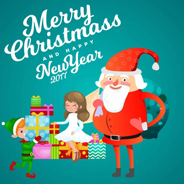 サンタ クロースのひげと赤い帽子の座ってうさぎと椅子に手になる希望は、黄金の翼を持つエルフと魔法の妖精は、贈り物を準備、クリスマスと幸福な新しい年のベクトルの結婚 — ストックベクタ