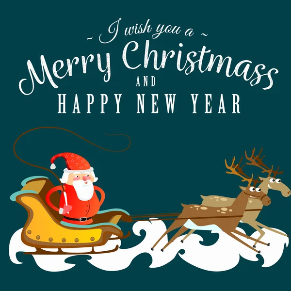 サンタ クロースの赤い帽子とジャケットで、ひげそりトナカイを追うに突入、クリスマスと幸福な新しい年のベクトル図の結婚 — ストックベクタ