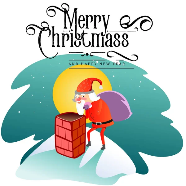赤いスーツと彼の後ろにプレゼントの袋とひげのサンタ クロース男は煙突に登り、クリスマスと新年あけましておめでとうございますベクトル イラスト白背景カード上の結婚 — ストックベクタ
