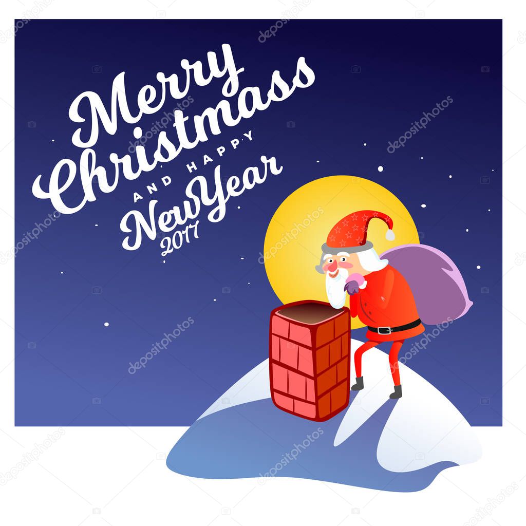Santa Claus man in red suit and beard with bag of gifts behind him climbs into chimney, marry of christmas and happy new year vector illustration on white background card