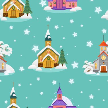 mutlu Noeller ve mutlu yeni yıl seamless modeli, kilise ve kar, Hıristiyanlık ve Katolik kış şehir katedral vektör çizim, dini kutsal arka plan altında yeşil ağaç