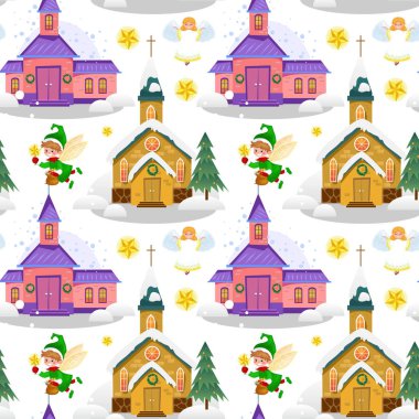 mutlu Noeller ve mutlu yeni yıl seamless modeli, kilise ve kar, Hıristiyanlık ve Katolik kış şehir katedral vektör çizim, dini kutsal arka plan altında yeşil ağaç