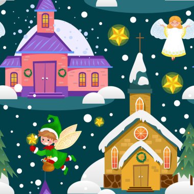 mutlu Noeller ve mutlu yeni yıl seamless modeli, kilise ve kar, Hıristiyanlık ve Katolik kış şehir katedral vektör çizim, dini kutsal arka plan altında yeşil ağaç