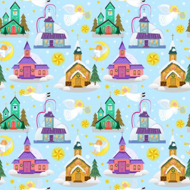 mutlu Noeller ve mutlu yeni yıl seamless modeli, kilise ve kar, Hıristiyanlık ve Katolik kış şehir katedral vektör çizim, dini kutsal arka plan altında yeşil ağaç