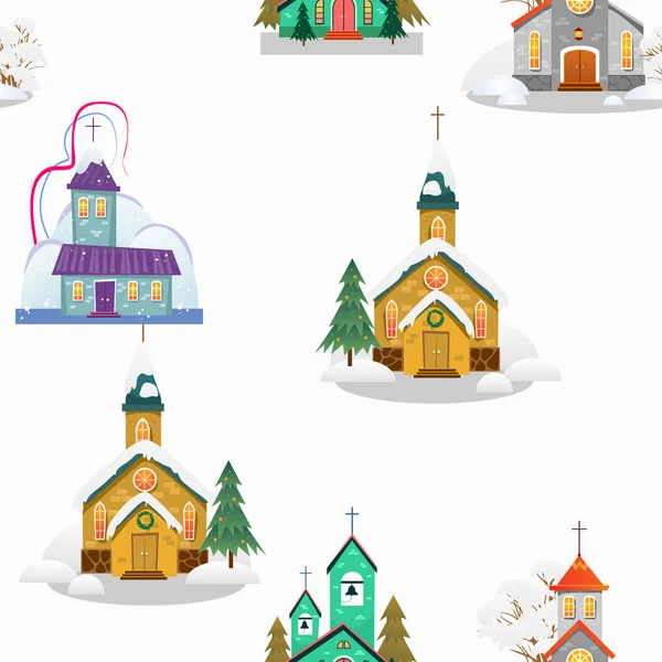 God jul och gott nytt år sömlösa mönster, kyrkan och gröna trädet under snö, kristendomen och katolska vintern city domkyrkan vektorillustration, religiösa heliga bakgrund — Stock vektor