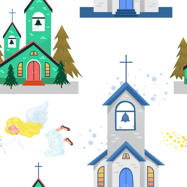 Καλά Χριστούγεννα και Ευτυχισμένο το νέο έτος χωρίς ραφή πρότυπο, εκκλησία και πράσινο δέντρο κάτω από το χιόνι, ο Χριστιανισμός και καθολική χειμώνα πόλη Καθεδρικός διανυσματικά εικονογράφηση, θρησκευτικό υπόβαθρο Ιερά — Διανυσματικό Αρχείο