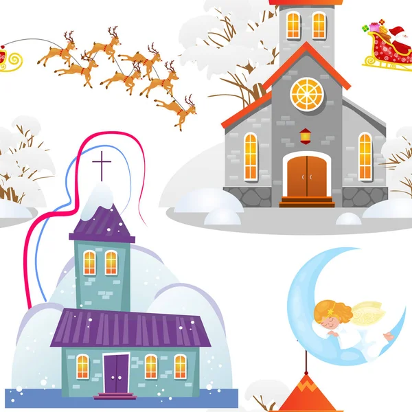 God jul och gott nytt år sömlösa mönster, kyrkan och gröna trädet under snö, kristendomen och katolska vintern city domkyrkan vektorillustration, religiösa heliga bakgrund — Stock vektor