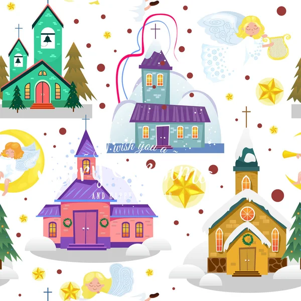 God jul och gott nytt år sömlösa mönster, kyrkan och gröna trädet under snö, kristendomen och katolska vintern city domkyrkan vektorillustration, religiösa heliga bakgrund — Stock vektor