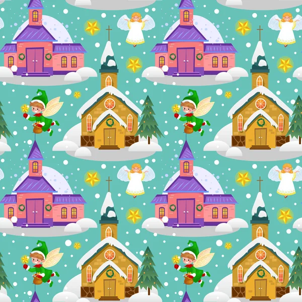 メリー クリスマスと新年あけましておめでとうございますのシームレスなパターン、教会と雪、キリスト教とカトリックの冬市大聖堂ベクトル図では、神聖な宗教的な背景の下で緑の木 — ストックベクタ