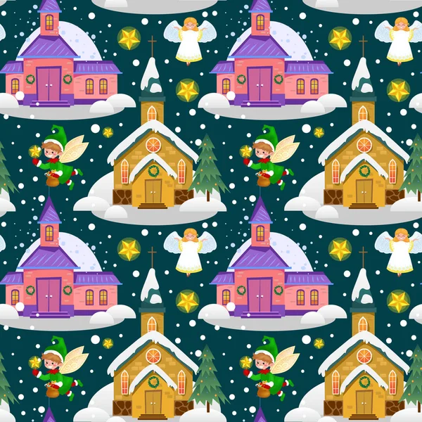 メリー クリスマスと新年あけましておめでとうございますのシームレスなパターン、教会と雪、キリスト教とカトリックの冬市大聖堂ベクトル図では、神聖な宗教的な背景の下で緑の木 — ストックベクタ