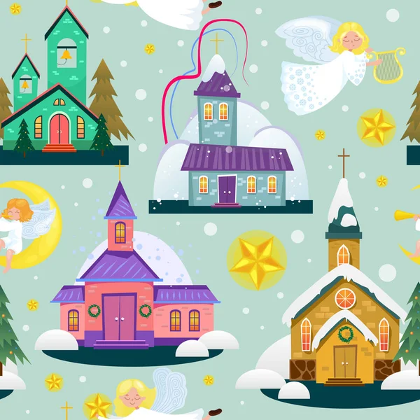 God jul och gott nytt år sömlösa mönster, kyrkan och gröna trädet under snö, kristendomen och katolska vintern city domkyrkan vektorillustration, religiösa heliga bakgrund — Stock vektor