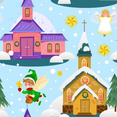 mutlu Noeller ve mutlu yeni yıl seamless modeli, kilise ve kar, Hıristiyanlık ve Katolik kış şehir katedral vektör çizim, dini kutsal arka plan altında yeşil ağaç