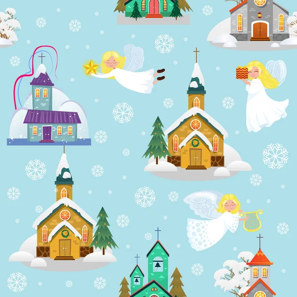 mutlu Noeller ve mutlu yeni yıl seamless modeli, kilise ve kar, Hıristiyanlık ve Katolik kış şehir katedral vektör çizim, dini kutsal arka plan altında yeşil ağaç