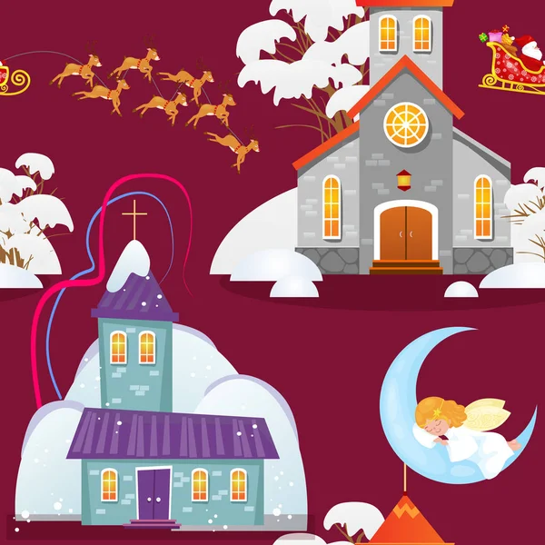 mutlu Noeller ve mutlu yeni yıl seamless modeli, kilise ve kar, Hıristiyanlık ve Katolik kış şehir katedral vektör çizim, dini kutsal arka plan altında yeşil ağaç