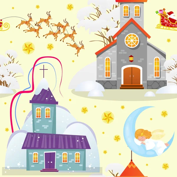 Feliz Navidad y feliz año nuevo patrón sin costuras, la iglesia y el árbol verde bajo la nieve, el cristianismo y la ciudad católica de invierno catedral vector ilustración, fondo sagrado religioso — Vector de stock